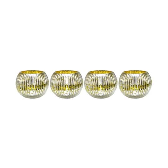 3.25" Yellow & Silver Ribbed Round Mercury Glass Votive Candle Holders, Set Of 4
